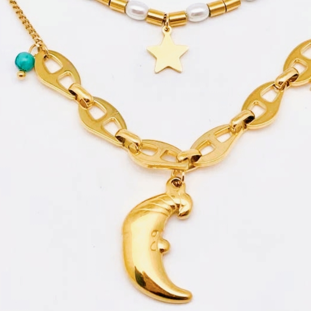 18k Moon charm necklace, beaded, chain, charms - Picture 4 of 4